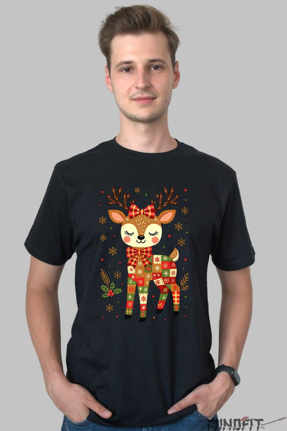 Tricou De Craciun - Ren Cu Fundita Rosie barbat negru