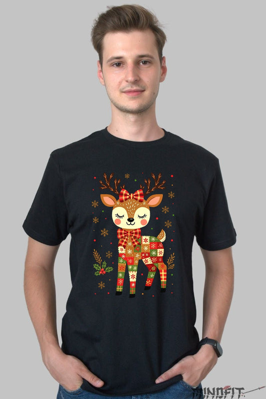 Tricou De Craciun - Ren Cu Fundita Rosie barbat negru