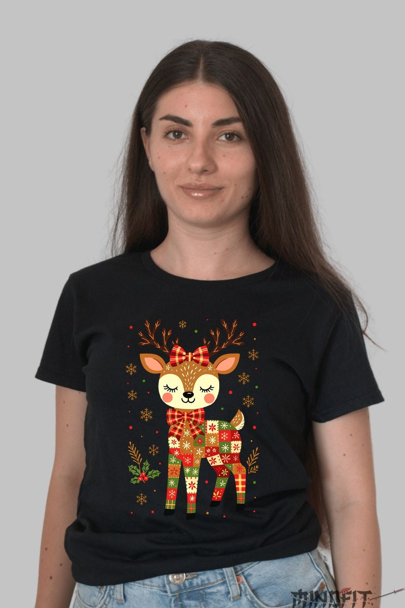 Tricou De Craciun - Ren Cu Fundita Rosie dama negru