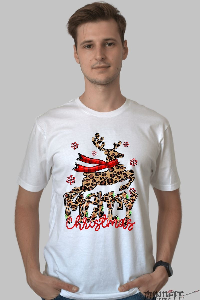 Tricou De Craciun - Ren Leopard Cu Esarfa Rosie barbat alb
