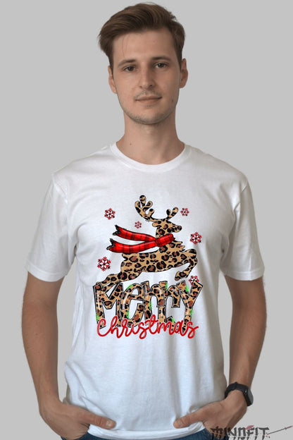 Tricou De Craciun - Ren Leopard Cu Esarfa Rosie barbat alb
