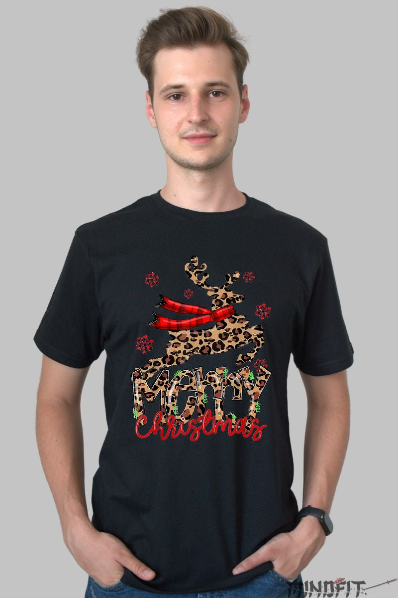 Tricou De Craciun - Ren Leopard Cu Esarfa Rosie barbat negru