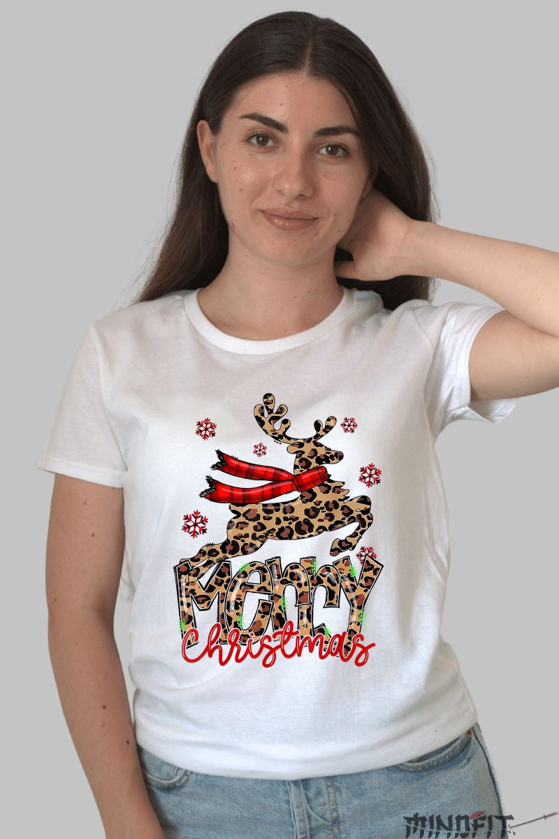 Tricou De Craciun - Ren Leopard Cu Esarfa Rosie dama alb