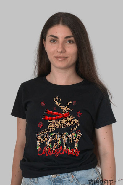 Tricou De Craciun - Ren Leopard Cu Esarfa Rosie dama negru
