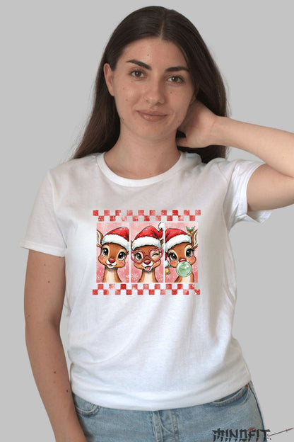 Tricou De Craciun - Reni Veseli Cu Caciulita dama alb