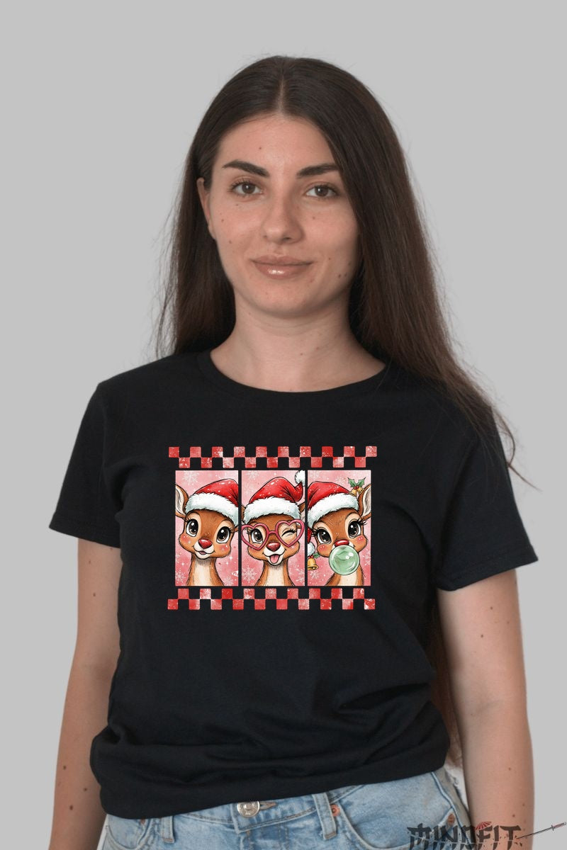 Tricou De Craciun - Reni Veseli Cu Caciulita dama negru