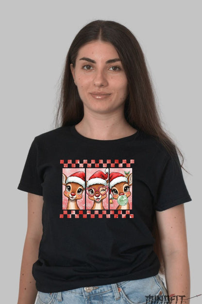 Tricou De Craciun - Reni Veseli Cu Caciulita dama negru