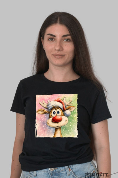 Tricou De Craciun - Renul Haios Cu Caciula dama negru