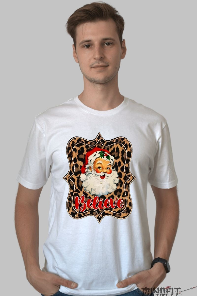 Tricou De Craciun - Santa Believe Leopard Frame barbat alb