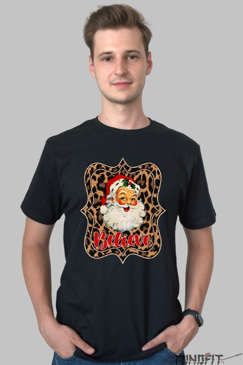 Tricou De Craciun - Santa Believe Leopard Frame barbat negru