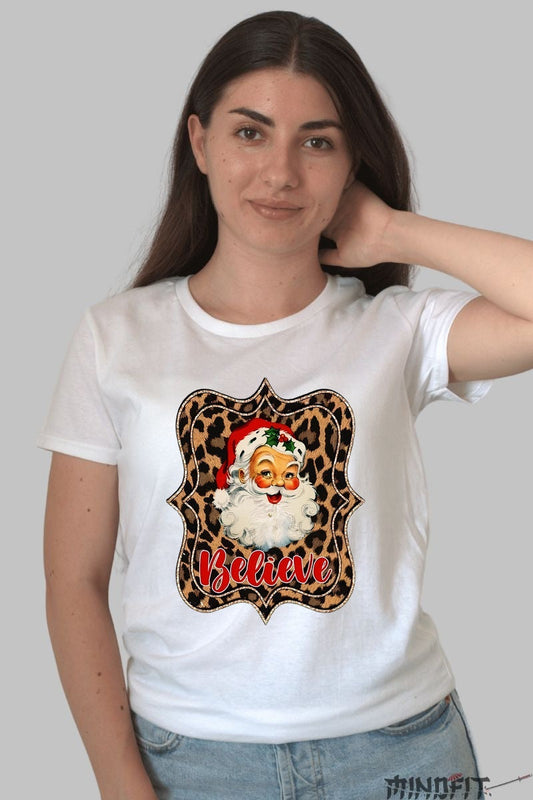 Tricou De Craciun - Santa Believe Leopard Frame dama alb