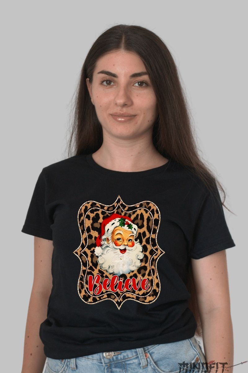 Tricou De Craciun - Santa Believe Leopard Frame dama negru