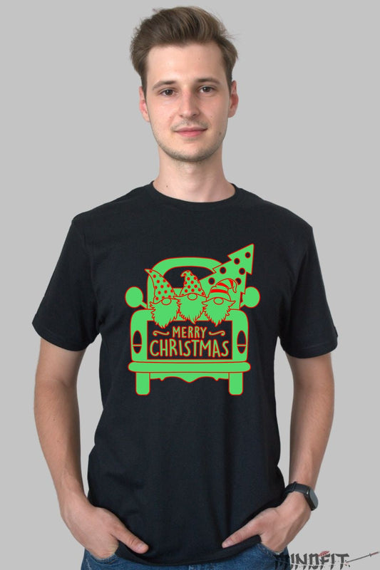 Tricou De Craciun - Spiridusi In Masina Cu Brad barbat negru