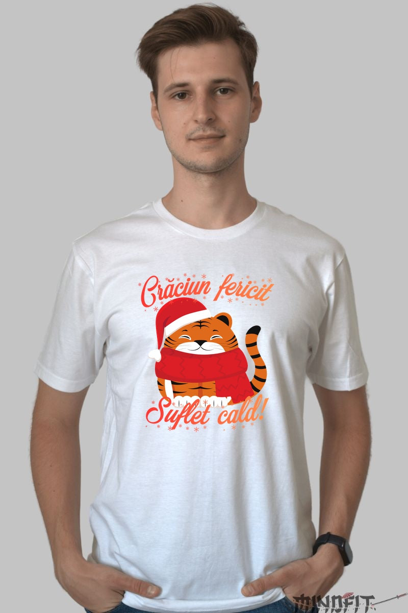 Tricou De Craciun - Tigru Festiv Cu Fular barbat alb