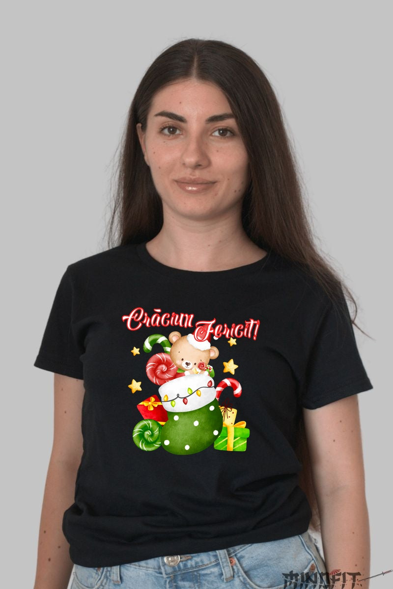 Tricou De Craciun - Ursulet In Ciorap Cu Cadouri dama negru