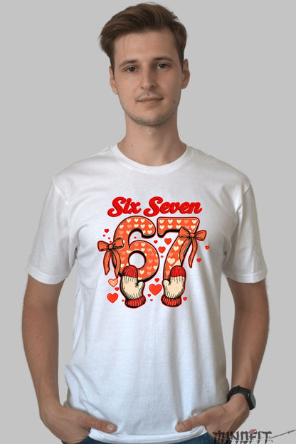 Tricou Dragoste Cuplu - Six Seven Stil Inimioare si Manusi barbat alb