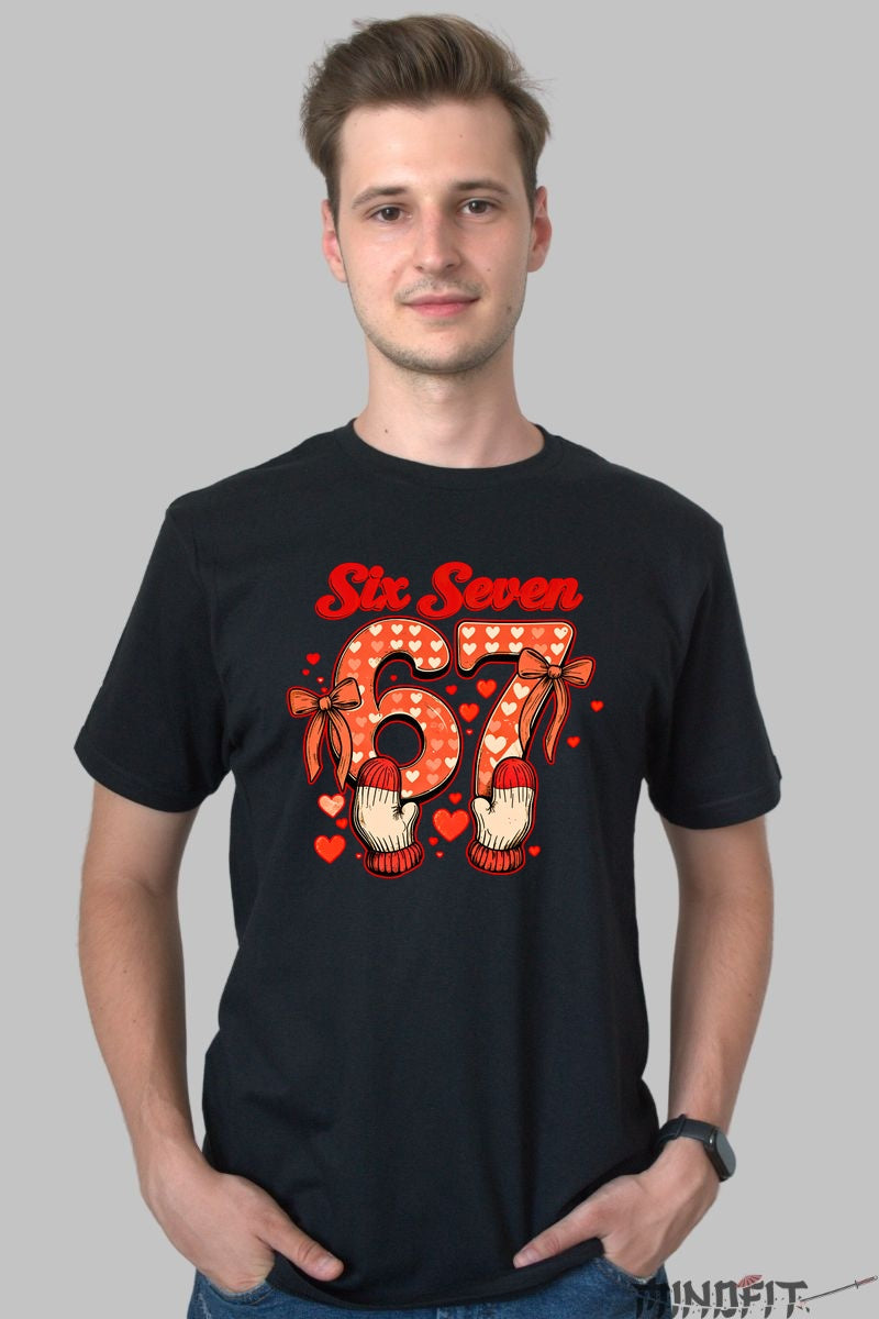 Tricou Dragoste Cuplu - Six Seven Stil Inimioare si Manusi barbat negru
