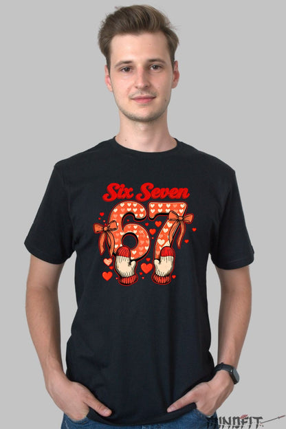 Tricou Dragoste Cuplu - Six Seven Stil Inimioare si Manusi barbat negru