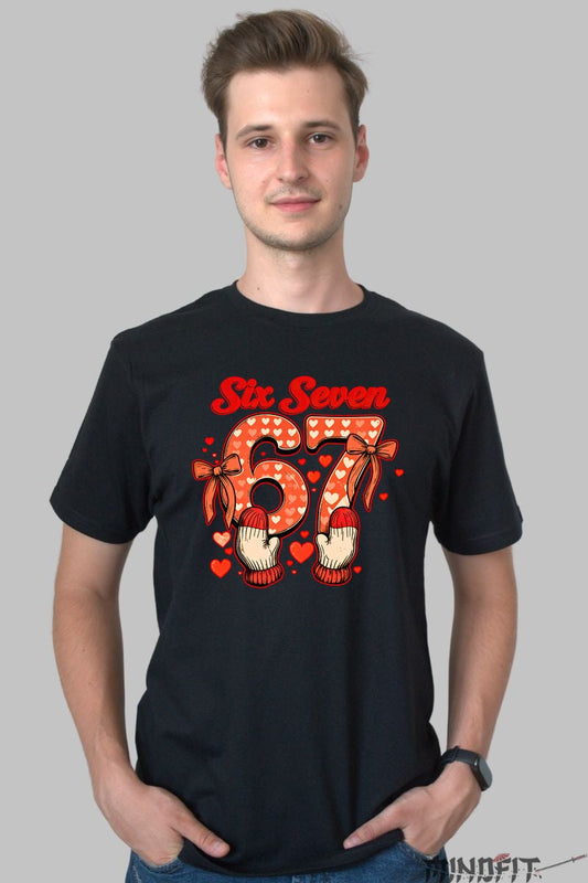 Tricou Dragoste Cuplu - Six Seven Stil Inimioare si Manusi barbat negru