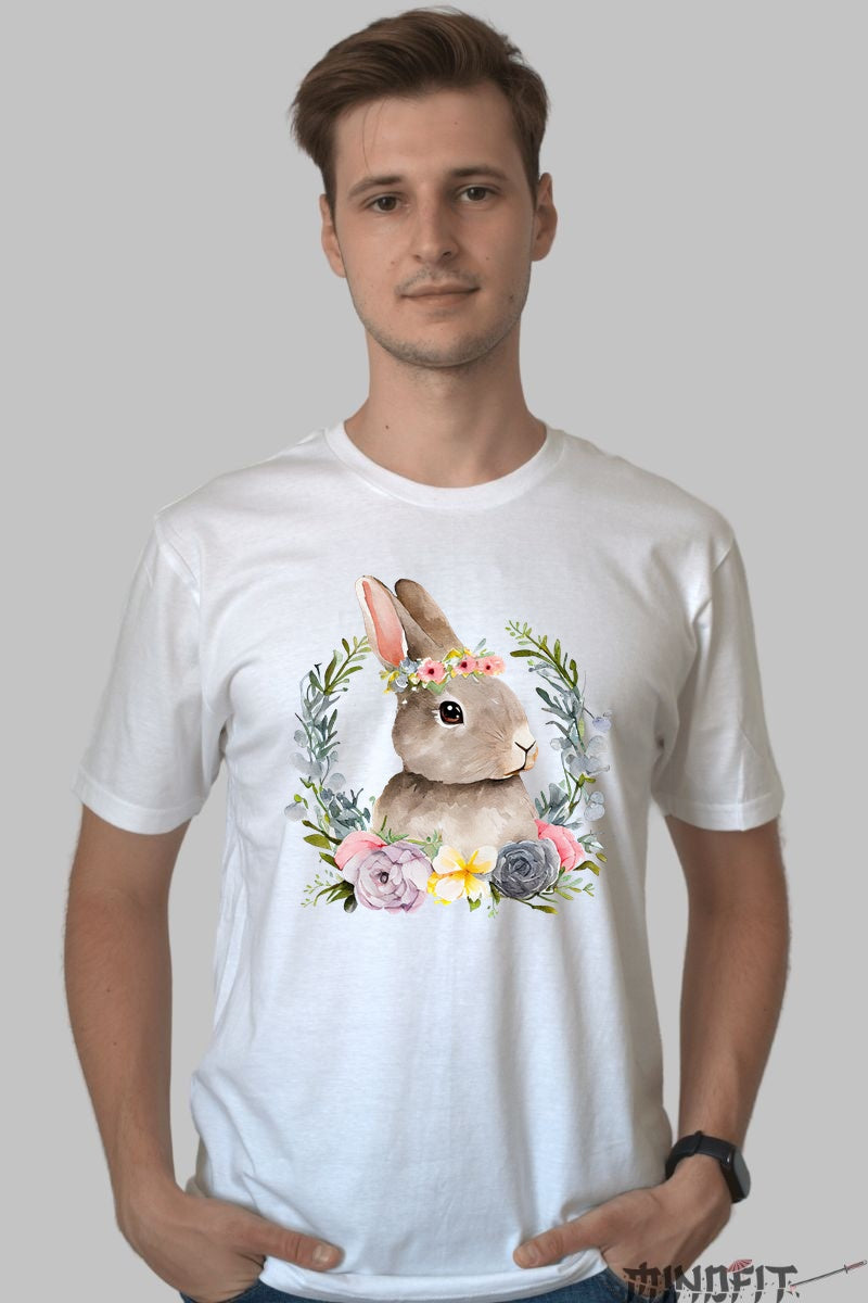 Tricou Paste - Iepuras Dragals In Coronita Cu Flori Barbat Alb