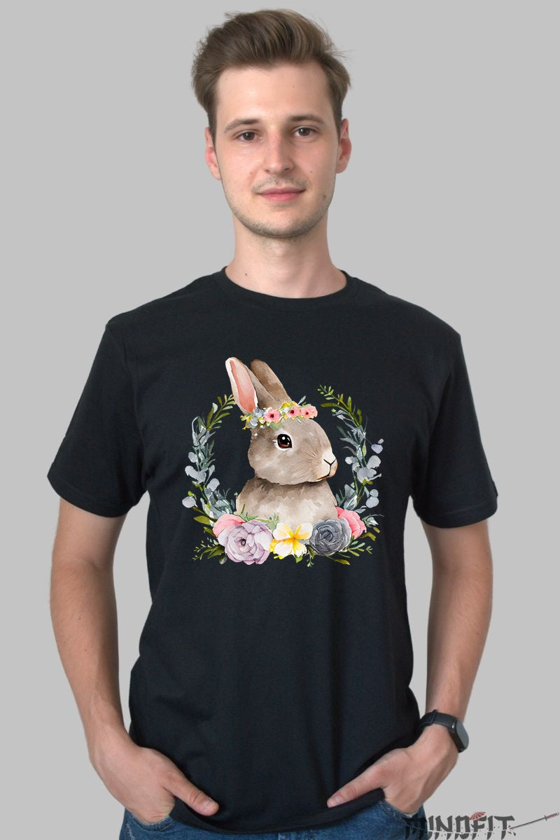 Tricou Paste - Iepuras Dragals In Coronita Cu Flori Barbat Negru