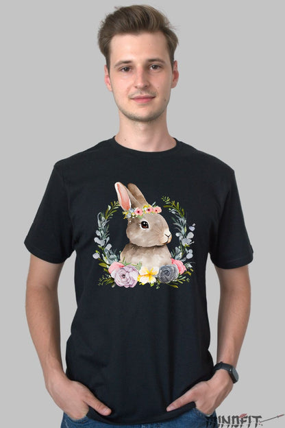 Tricou Paste - Iepuras Dragals In Coronita Cu Flori Barbat Negru