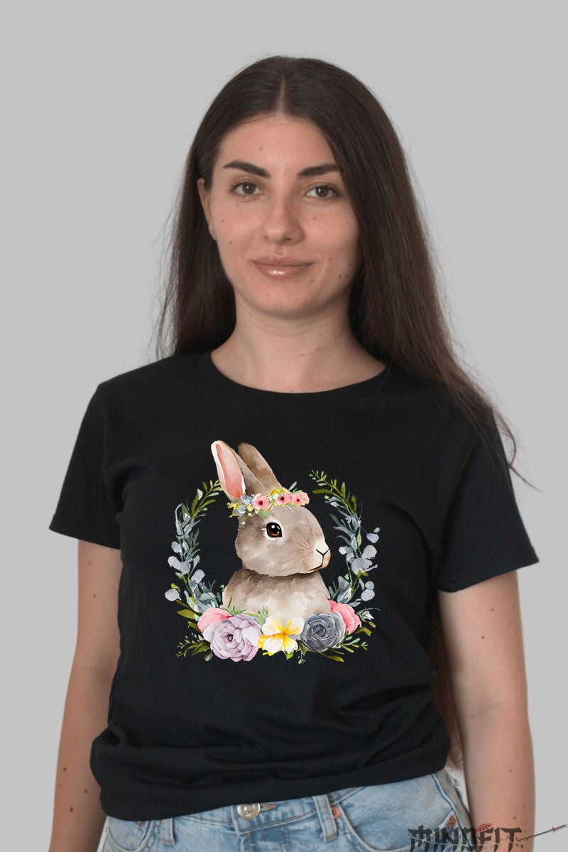Tricou Paste - Iepuras Dragals In Coronita Cu Flori Dama Negru