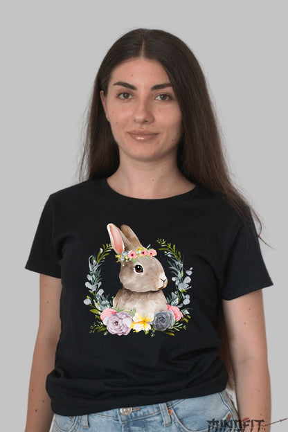 Tricou Paste - Iepuras Dragals In Coronita Cu Flori Dama Negru