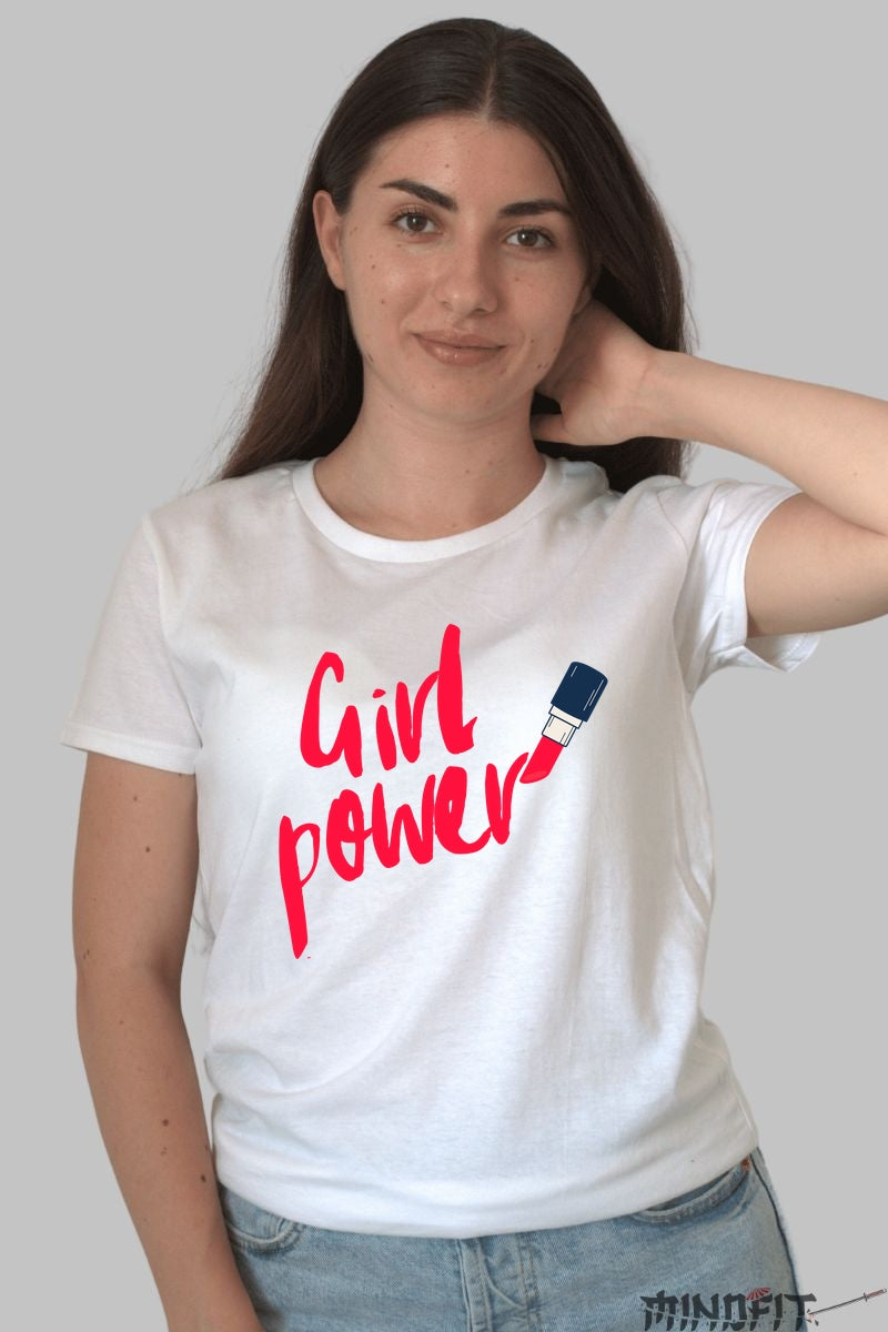Tricou Girl Power cu Ruj Rosu Dama Alb