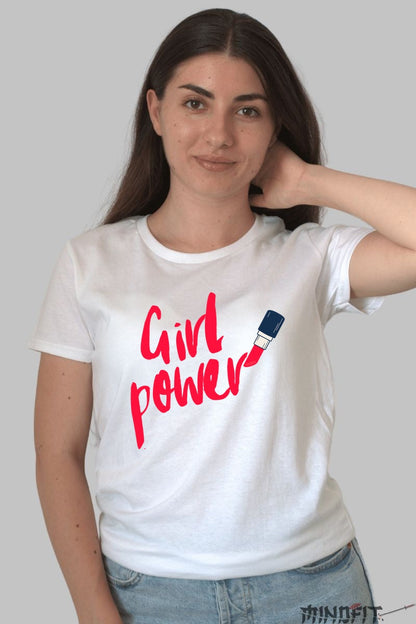 Tricou Girl Power cu Ruj Rosu Dama Alb