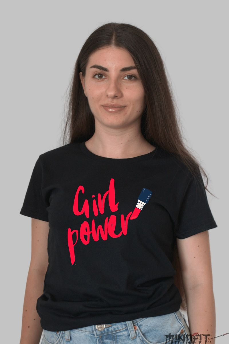 Tricou Girl Power cu Ruj Rosu Dama Negru