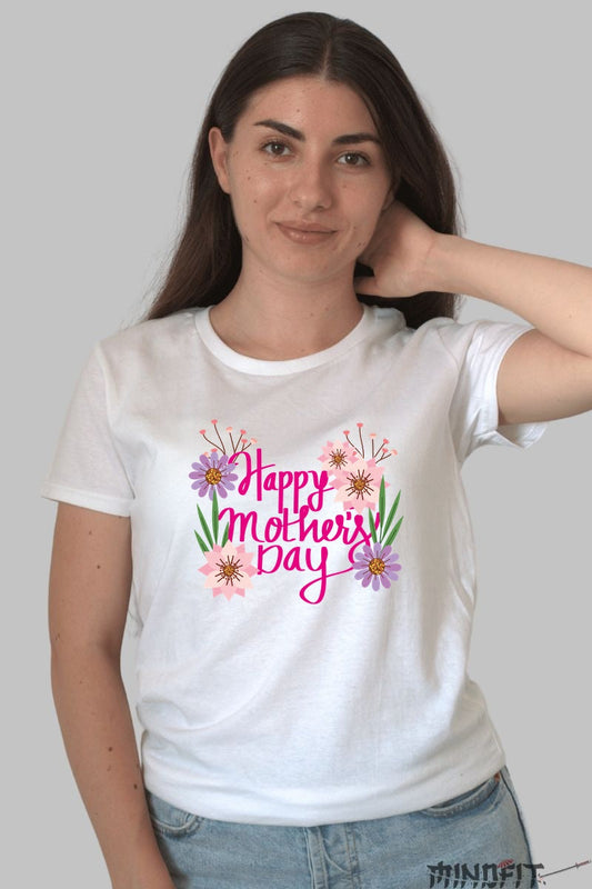 Tricou Happy Mother's Day Cu Flori Roz Dama Alb