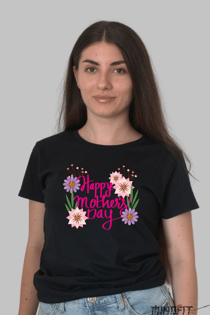 Tricou Happy Mother's Day Cu Flori Roz Dama Negru