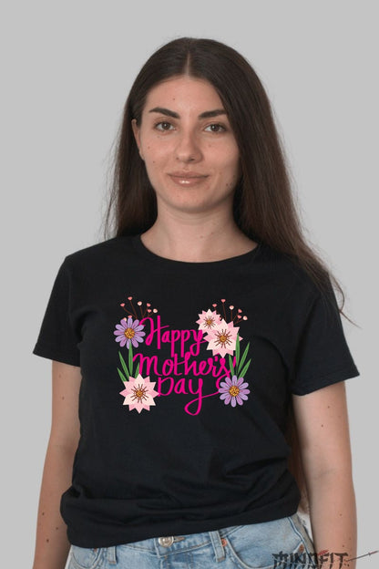 Tricou Happy Mother's Day Cu Flori Roz Dama Negru