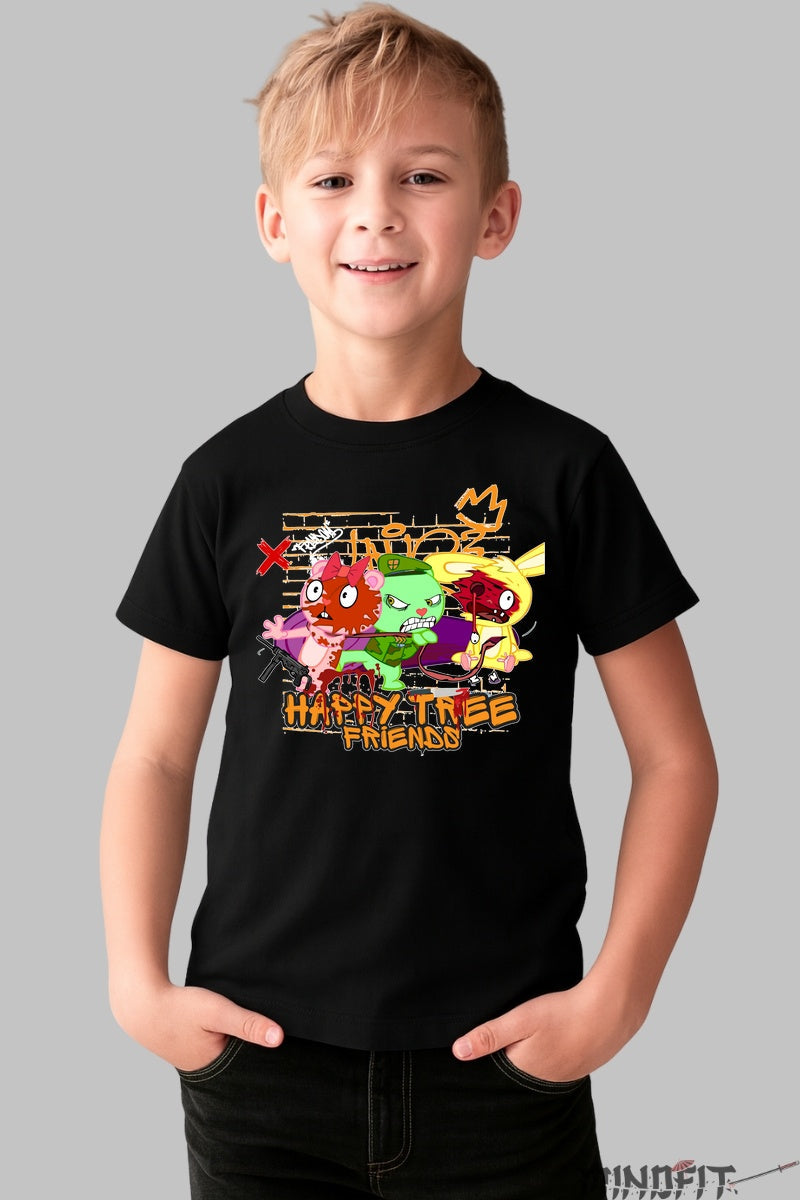Tricou Happy Tree Friends - Haos adorabil in stil retro baiat negru