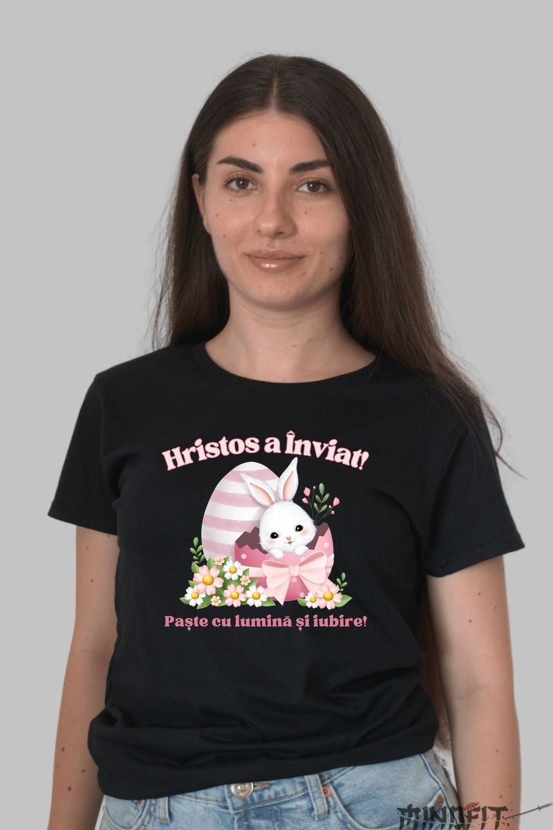 Tricou Hristos a Inviat - Iepuras cu Oua de Paste Dama Negru