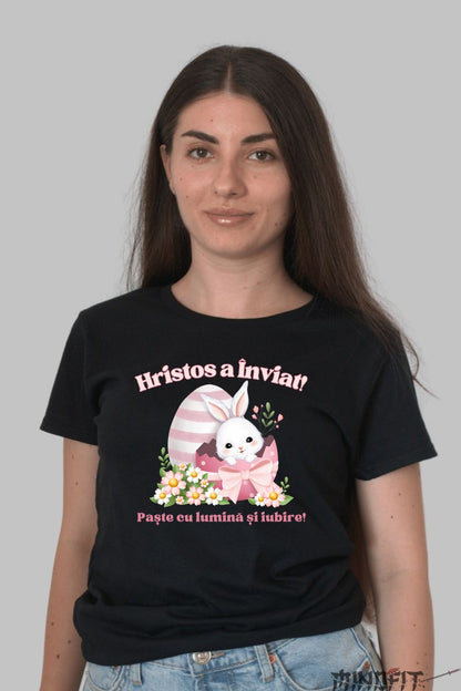 Tricou Hristos a Inviat - Iepuras cu Oua de Paste Dama Negru