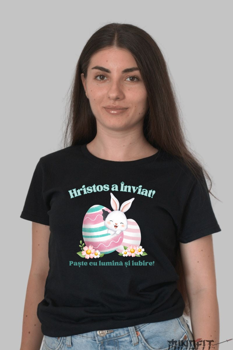 Tricou Hristos a Inviat - Iepuras Si Oua Colorate Dama Negru