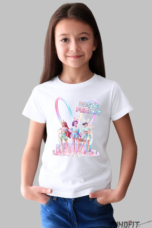 Tricou HUNTRIX - Trio Happy Easter fata alb