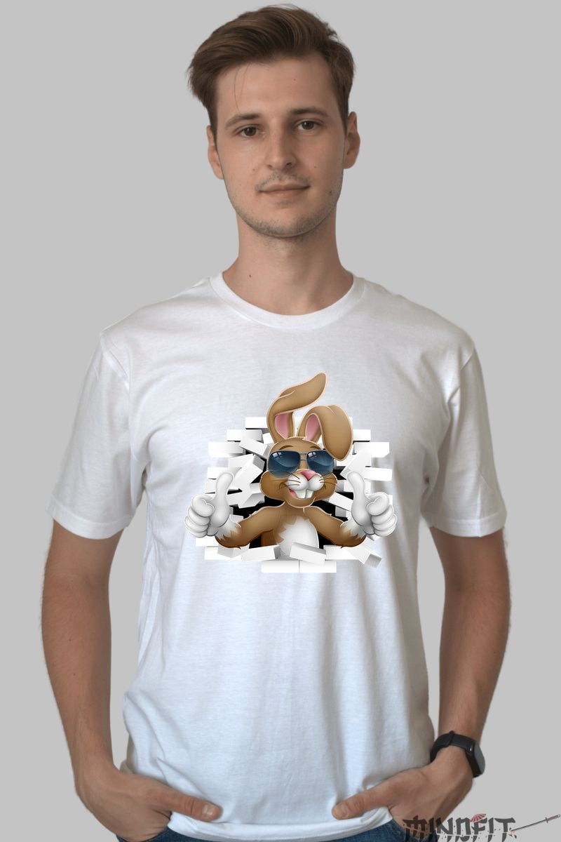 Tricou Iepuras Cool si Relaxat cu Ochelari de Soare Barbat Alb
