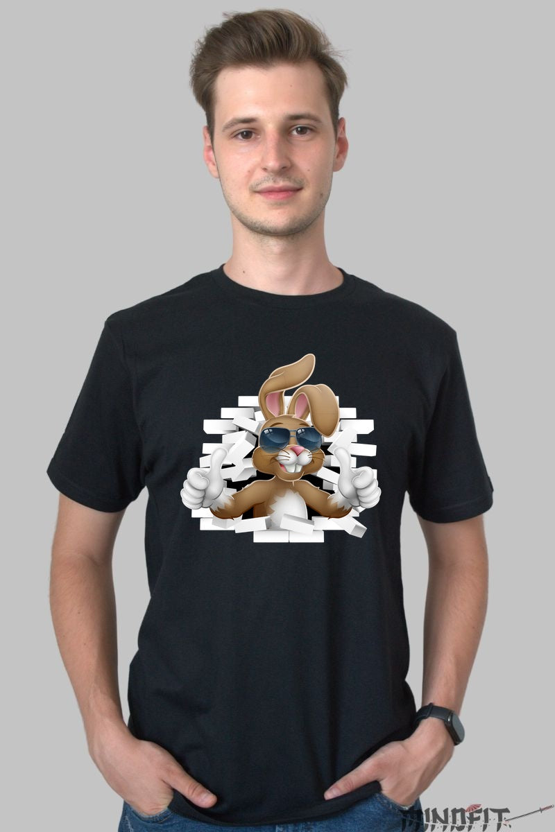 Tricou Iepuras Cool si Relaxat cu Ochelari de Soare Barbat Negru