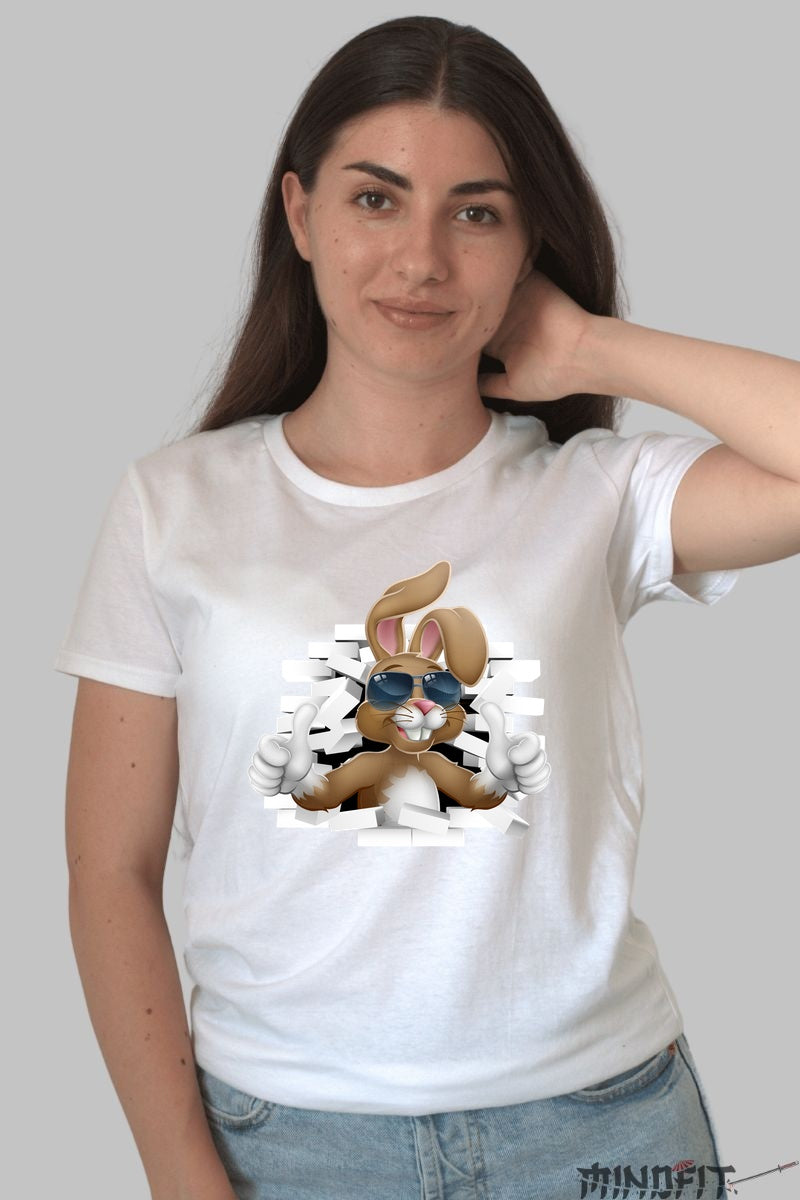 Tricou Iepuras Cool si Relaxat cu Ochelari de Soare Dama Alb