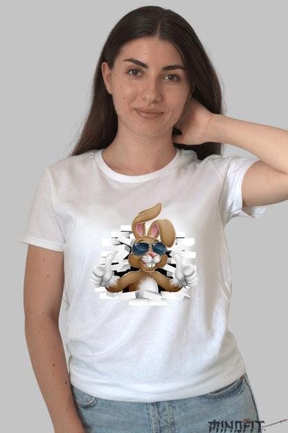 Tricou Iepuras Cool si Relaxat cu Ochelari de Soare Dama Alb