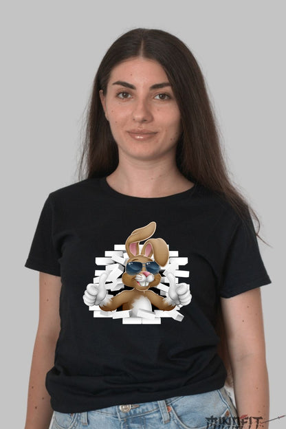 Tricou Iepuras Cool si Relaxat cu Ochelari de Soare Dama Negru