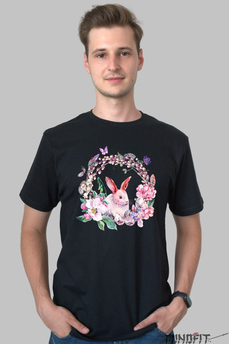 Tricou Iepuras Primaveratic - Caleidoscop de Flori Barbat Negru
