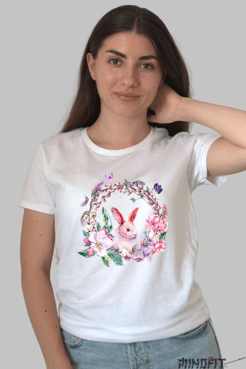 Tricou Iepuras Primaveratic - Caleidoscop de Flori Dama Alb