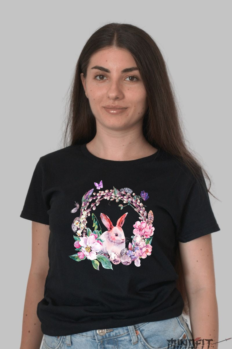 Tricou Iepuras Primaveratic - Caleidoscop de Flori Dama Negru