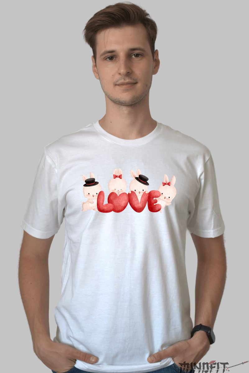Tricou Iepurasi Dragoste - Design Jucaus cu Iepurasi si Litere Barbat Alb