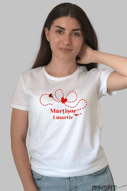 Tricou Martisor 1 Martie Cu Fundita Rosie Dama Alb
