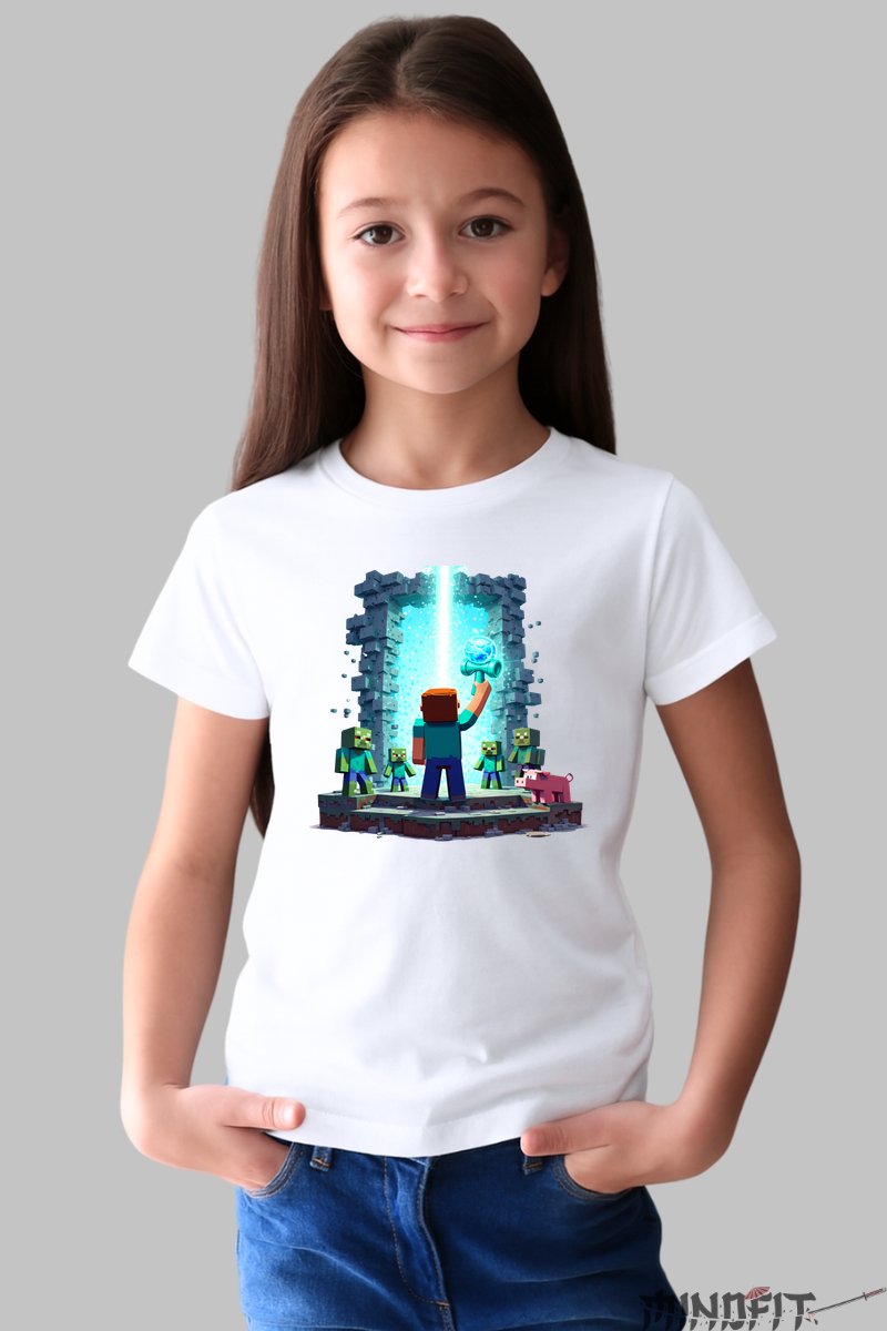 Tricou Minecraft Kendama - Aventuri Luminoase fata alb